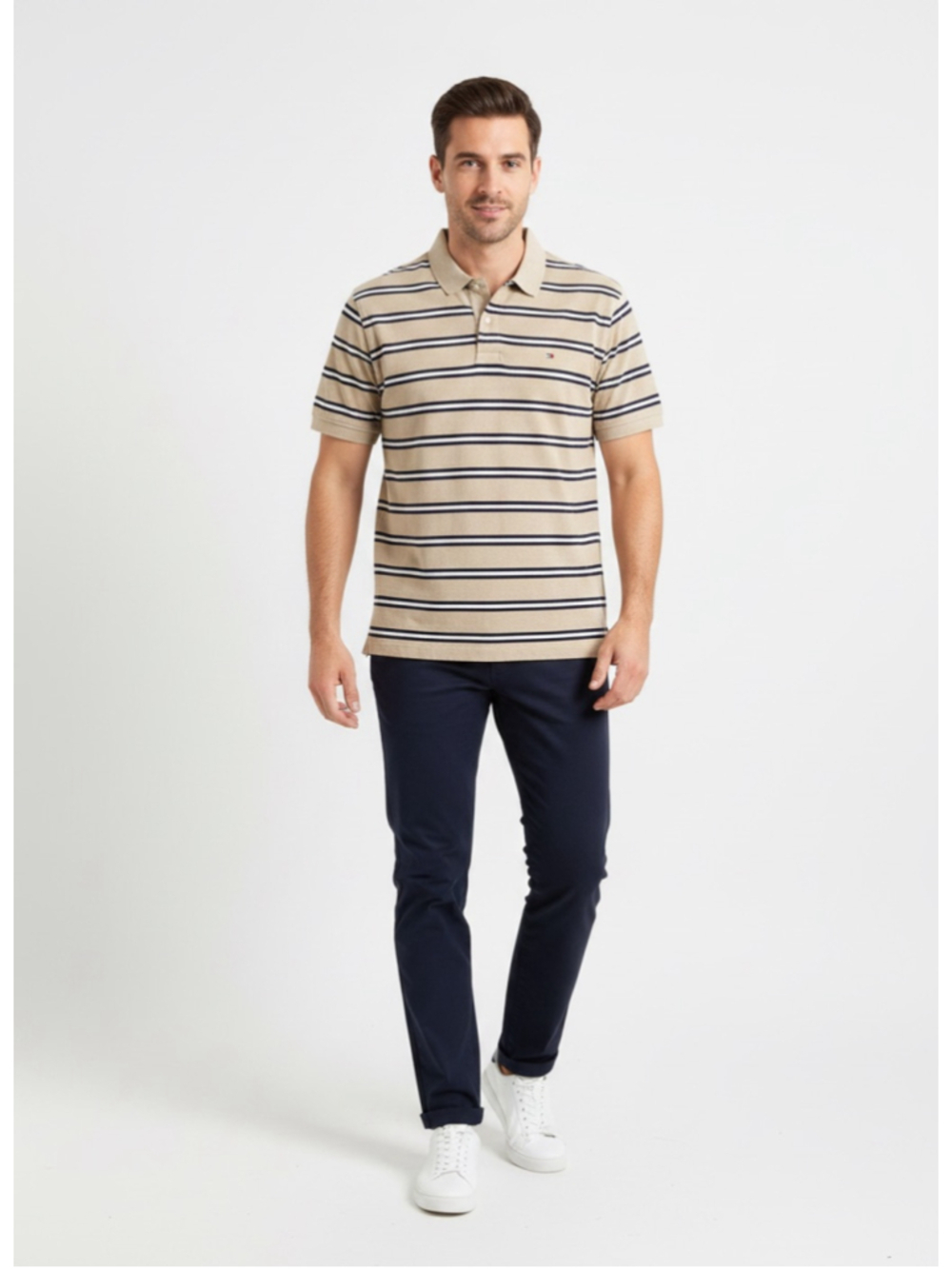 Tommy Hilfiger Mens XL Striped Polo Shirt Beige Navy Blue Short Sleeve Cotton